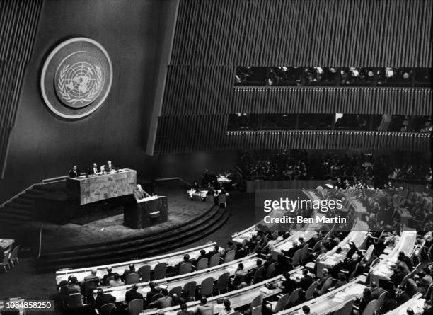 John Foster Dulles Secretary of State in Eisenhower administration addressing a United Nations session November 1, 1957.