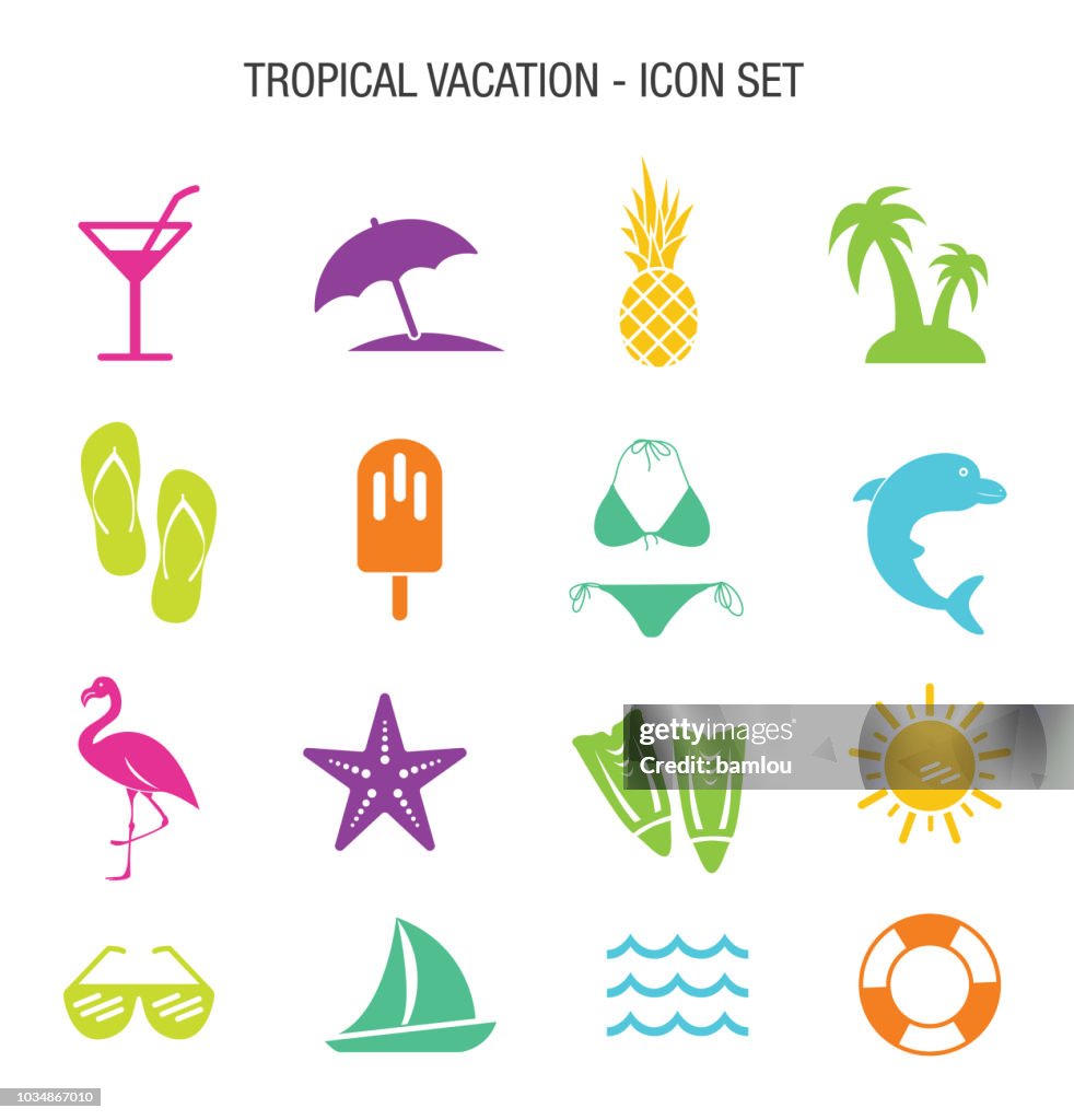 Conjunto de iconos de vacaciones tropicales