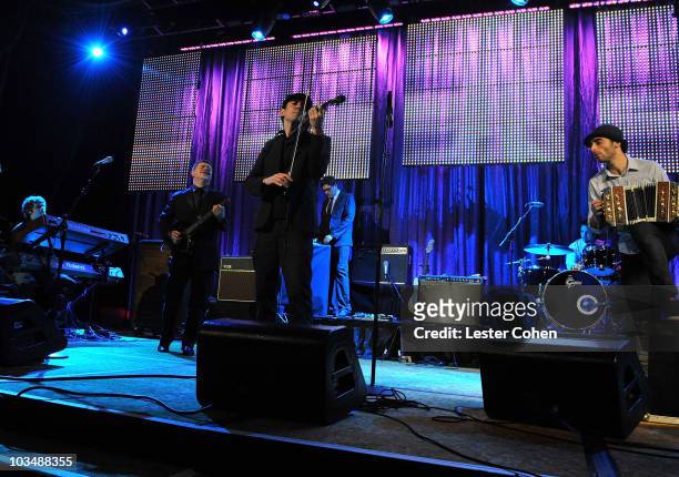 Composer Gustavo Santaolalla performs with Cafe Tacuba onstage at the 2008 BMI Latin Awards held at the Beverly Wilshire Hotel on June 12, 2008 in...