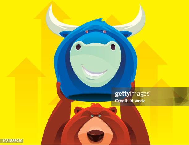 bösen bären halten bull maske - börsenbaisse stock-grafiken, -clipart, -cartoons und -symbole