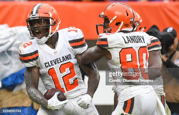 Wide receiver Josh Gordon of the Cleveland Browns celebrates after catching a touchdown pass in the fourth quarter of a game against the Pittsburgh...