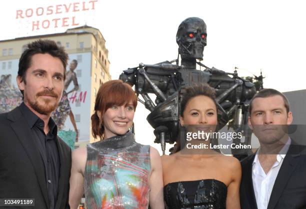 Actors Christian Bale, Bryce Dallas Howard, Moon Bloodgood and Sam Worthington arrive at the Premiere of Warner Bros. "Terminator Salvation" held at...