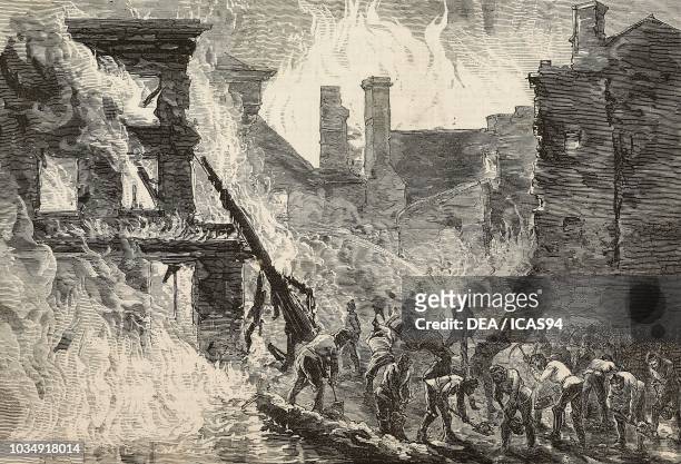 The Great Whiskey Fire of Dublin, Ireland, engraving from The Illustrated London News, No 1872, June 26, 1875.