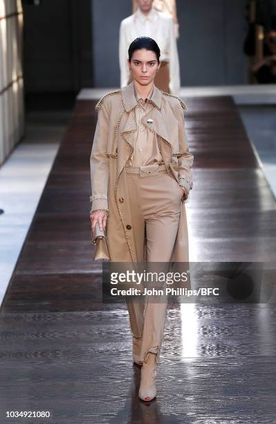 Kendall Jenner walks the runway at the Burberry show during London Fashion Week September 2018 at The South London Mail Centre on September 17, 2018...