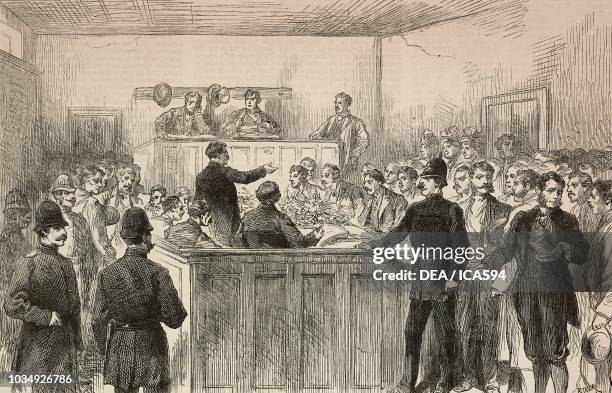 Scene in the courthouse at Mitchelstown, during the trial of Mr William O'Brien , Irish nationalist and Member of Parliament, Ireland, illustration...