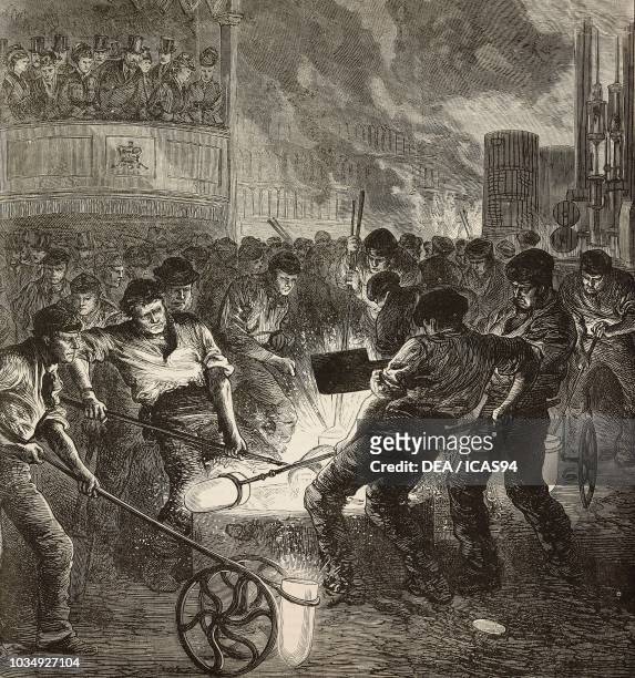 Casting steel ingots at Firth and Sons' factory, Sheffield, United Kingdom, engraving from The Illustrated London News, No 1881, August 28, 1875.