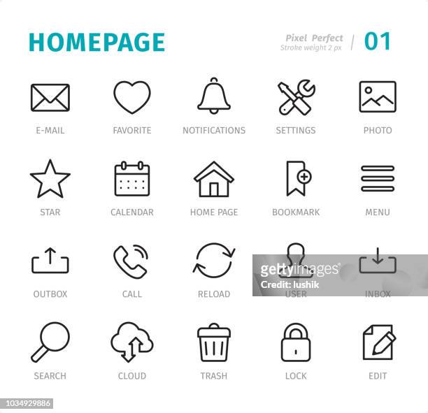 homepage - pixel perfekte linie symbole mit bildunterschriften - bookmark stock-grafiken, -clipart, -cartoons und -symbole