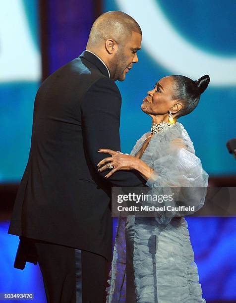 Chairman's Award winner Tyler Perry and Actress Cicely Tyson onstage during the 41st NAACP Image awards held at The Shrine Auditorium on February 26,...