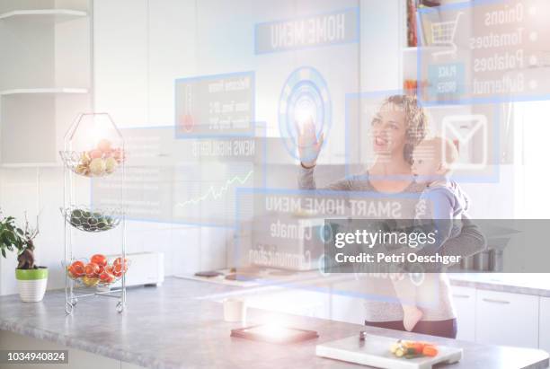 smart home technology. - smartphone hologram stockfoto's en -beelden