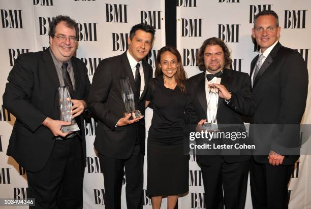 Iker Gastaminsa, Juan Carlos Rodriguez, Delia Orjuela, Xavier Asali De La Mora and Mike O'Neill pose onstage during the 2010 BMI Film/TV Awards held...