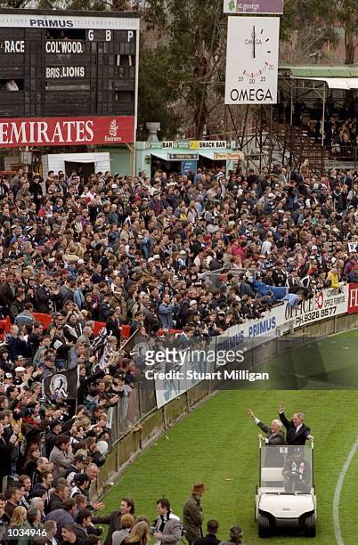 Collingwood legends Lou Richards and Bob Rose wave to the supporters as they all say goodbye to Victoria Park in Collingwood, Victoria, Australia...