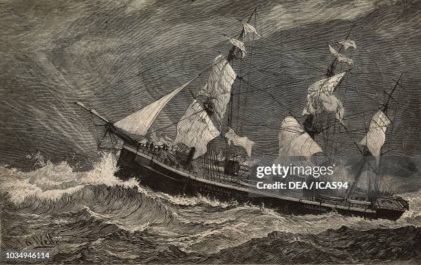 Bacchante in a squall, the cruise of Albert Victor, the Prince of Wales's son, engraving from The Illustrated London News, No 2198, July 2, 1881.