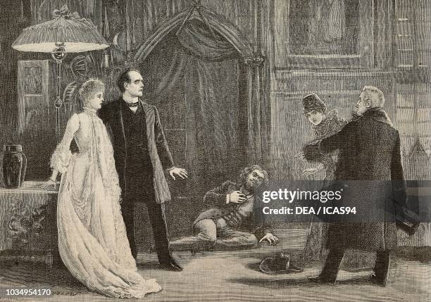 Scene from The Monk's Room at the Globe Theatre, London, United Kingdom, engraving by Paul Naumann after an illustration by Henry Stephen Ludlow,...