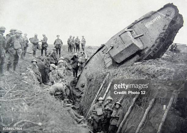 First World War, German Mark IV tank 'Hyacinth' stuck in a trench to the west of Ribecourt. November 20, 1917.