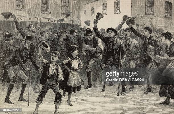The town crier announcing Lord Randolph Churchill's resignation, Cheering at Loughrea, Ireland, engraving from The Illustrated London News, volume...