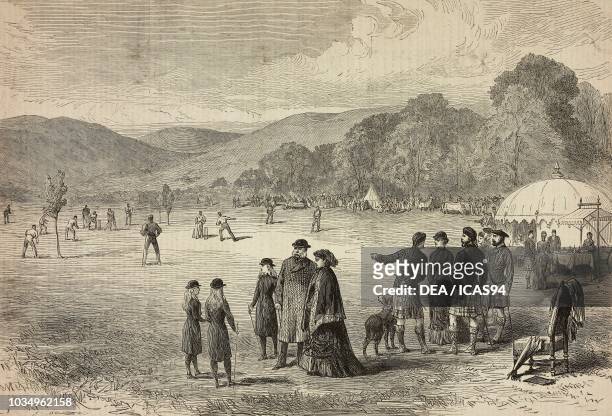 Balmoral against Abergeldie, cricket match at Balmoral, the Royal Family in the Highlands, Scotland, United Kingdom, engraving from The Illustrated...