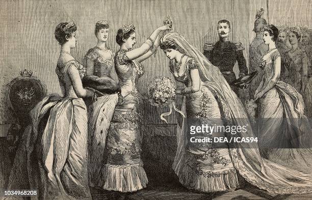 The marriage of Prince Henry of Prussia and Princess Irene of Hesse and by Rhine at Charlottenburg: Empress Victoria crowning the bride, 24th May...