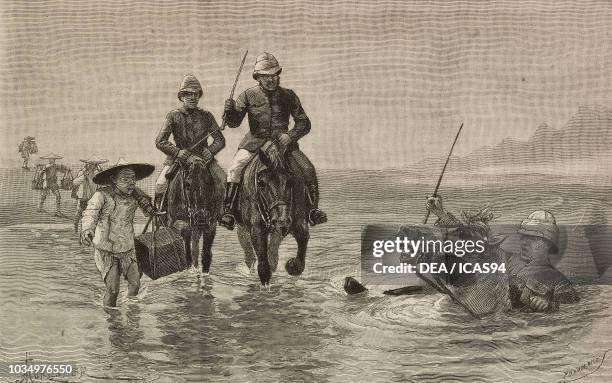 Tumbling in the quicksands, Island of Formosa, Taiwan, engraving from The Illustrated London News, volume 96, No 2651, February 8, 1890.
