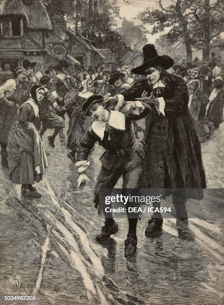 He was seized with a mighty wrath, and, catching his son sharply by the ear, led him out of the throng, illustration by Amedee Forestier for For...