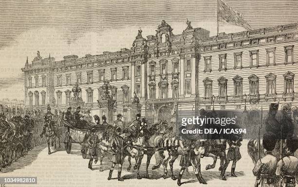 The royal procession leaving Buckingham Palace, The Queen Victoria's Golden Jubilee Thanksgiving Festival in London, United Kingdom, engraving from...