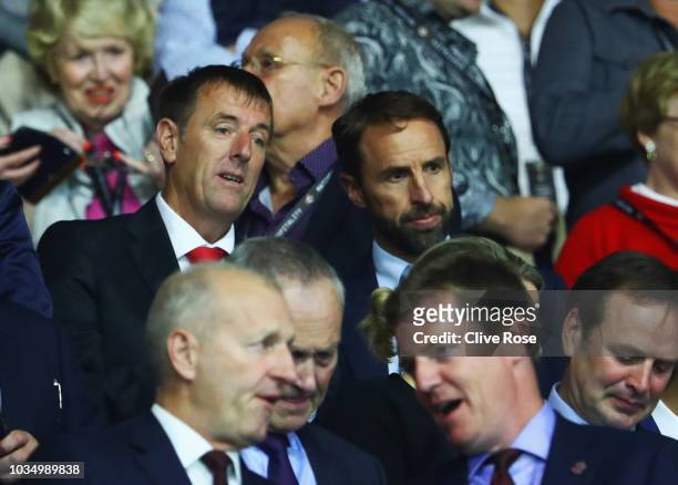Gareth Southgate manager of England and former Southampton player Matt Le Tissier look on prior to the Premier League match between Southampton and...