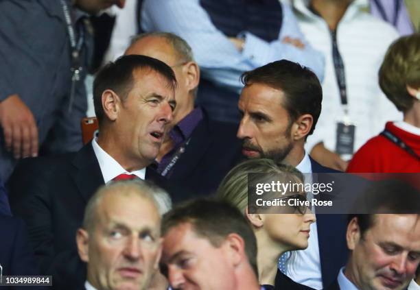 Gareth Southgate manager of England and former Southampton player Matt Le Tissier in discussion prior to the Premier League match between Southampton...