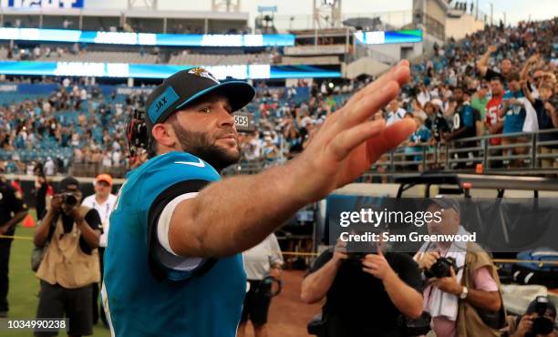 Blake Bortles of the Jacksonville Jaguars acknowledges the crowd following a victory against the New England Patriots at TIAA Bank Field on September...