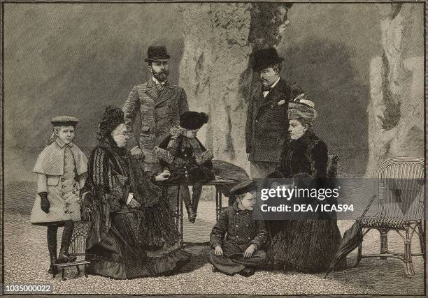 The Royal Family at the entrance of the grotto of Aix-les-Bains: Princess Marguerite of Connaught, Queen Victoria, Prince Henry of Battenberg,...