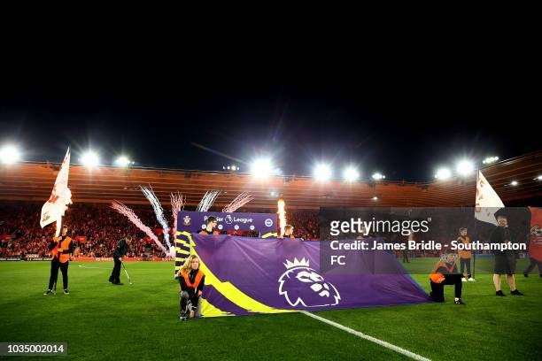 St Marys Stadium pre-match pyrotechnic display ahead of Kick off for the Premier League match between Southampton FC and Brighton & Hove Albion at St...