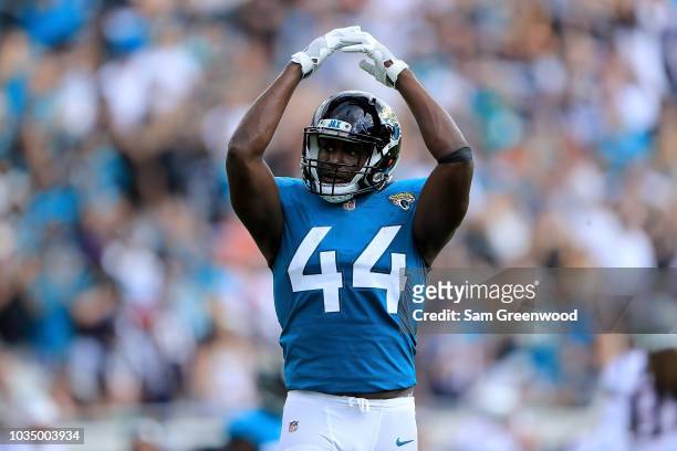 Myles Jack of the Jacksonville Jaguars celebrates a defensive stop during the game against the New England Patriots at TIAA Bank Field on September...