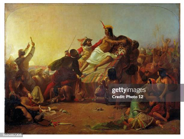 'Pizarro Seizing the Inca of Peru' Millais early masterpieces. He was just 16 when it was completed in 1846. The painting features Atahualpa, the...