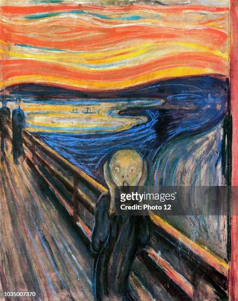 One of several versions of the painting 'The Scream' by the Norwegian artist Edvard Munch . This work was produced c 1893.