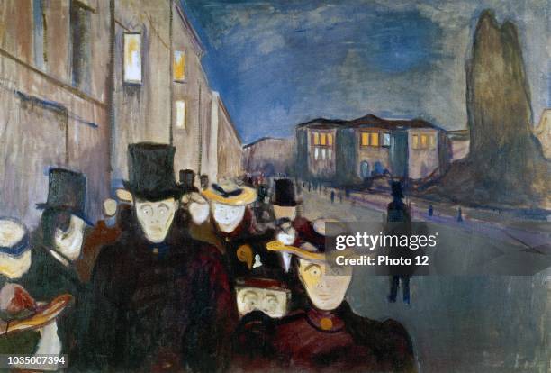 Work entitled Evening in Karl Johan Street by Norwegian artist Edvard Munch . This work was produced in 1892.