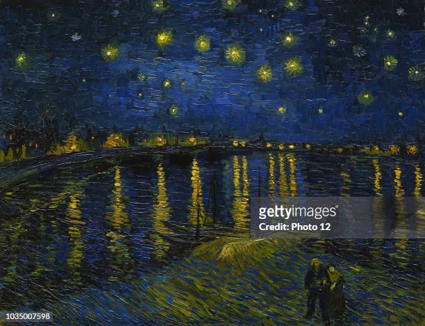 Painting titled 'Starry Night over the Rhone' by Vincent van Gogh Dutch painter. Dated 1888.