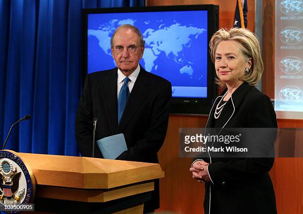 Secretary of State Hillary Rodham Clinton , and Special Envoy for Middle East Peace Talks, Senator George Mitchell , participate in a briefing at the...