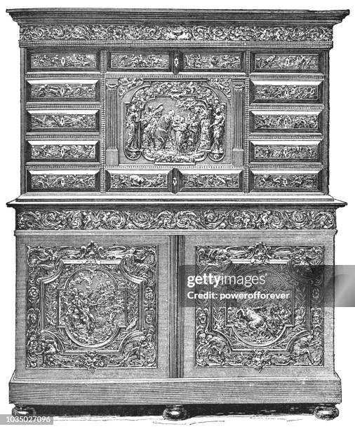 louis xiii style ebony chest of drawers (1610–1643) - kitchen dresser stock illustrations