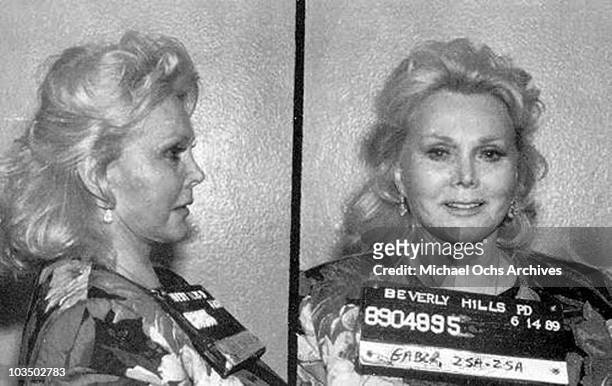 Actress and misdemeanant Zsa Zsa Gabor poses for a mug shot after being arrested for slapping a police officer on June 14, 1989 in Beverly Hills,...