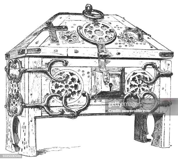 medieval ivory coffer with rosettes and copper fittings (14th century) - hinge stock illustrations