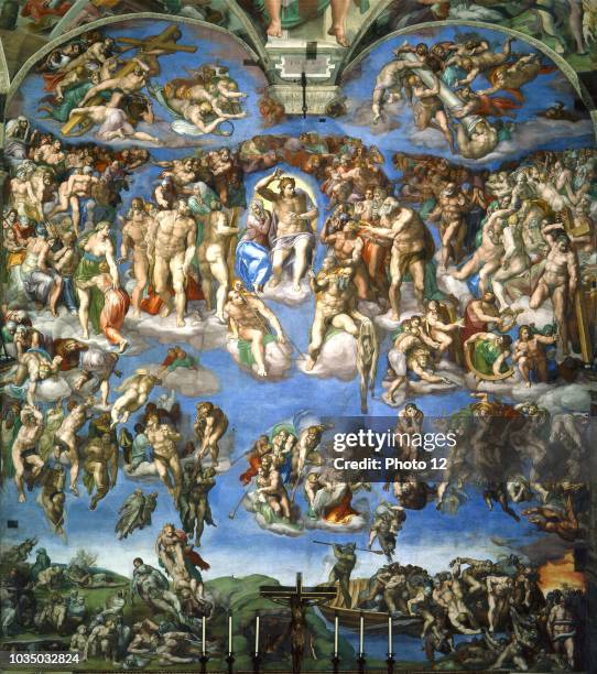 Detail from a large fresco titled 'The Last Judgement' painted by Michelangelo Italian sculptor, painter, architect, poet, and engineer of the High...