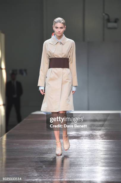 Model walks the runway at the Burberry SS19 catwalk show during London Fashion Week September 2018 on September 17, 2018 in London, England.