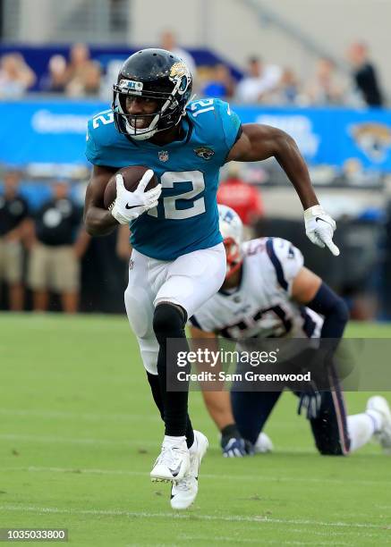 Dede Westbrook of the Jacksonville Jaguars rushes for a touchdown during the game against the New England Patriots at TIAA Bank Field on September...