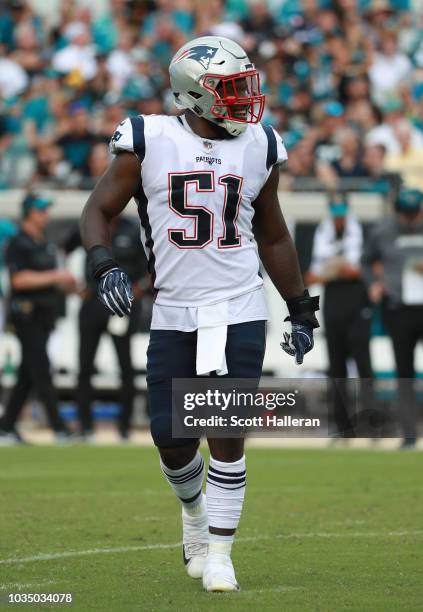 Ja'Whaun Bentley of the New England Patriots waits on the field during their game against the Jacksonville Jaguars at TIAA Bank Field on September...