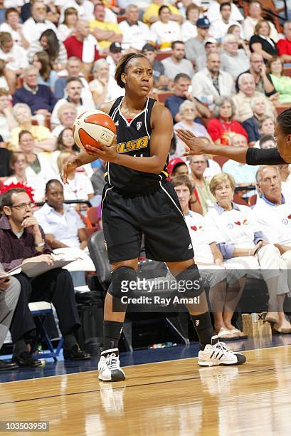 Amber Holt of the Tulsa Shock during a game against the Connecticut Sun during the game on August 17, 2010 at Mohegan Sun Arena in Uncasville,...