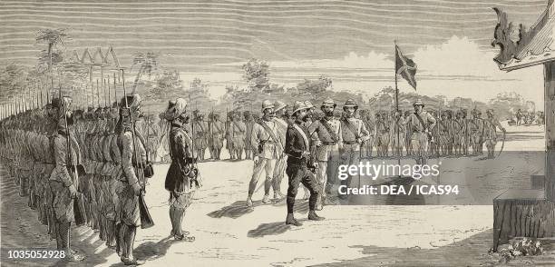 General Harry Prendergast occupying Mandalay Royal Palace, British military occupation of Burma, drawing by A Bonamore, engraving from...