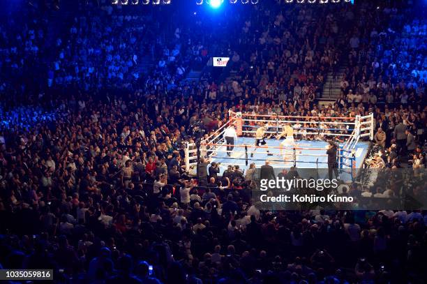 World Middleweight Title: Overall view of Gennady Golovkin in action vs Canelo Alvarez during fight at T-Mobile Arena. View of fans around ring. Las...
