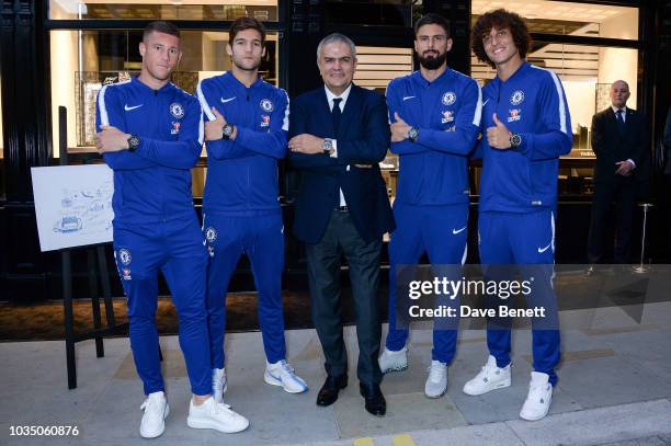 Ross Barkley, Marcos Alonso, CEO of Hublot Ricardo Guadalupe, Olivier Giroud and David Luiz attend Hublot London Flagship Boutique Opening Event on...