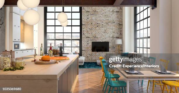 modernes apartment-hipster-interieur - table brick wall wood stock-fotos und bilder