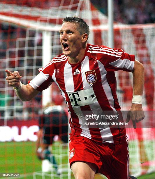 Bastian Schweinsteiger of Bayern Muenchen celebrates his goal during the Bundesliga match between FC Bayern Muenchen and VfL Wolfsburg at Allianz...