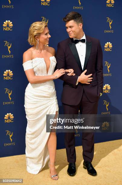 Scarlett Johansson and Colin Jost attend the 70th Emmy Awards at Microsoft Theater on September 17, 2018 in Los Angeles, California.