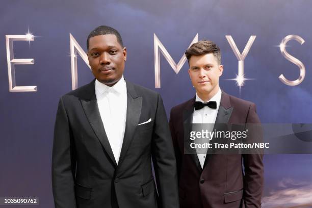 70th ANNUAL PRIMETIME EMMY AWARDS -- Pictured: Hosts Michael Che and Colin Jost arrive to the 70th Annual Primetime Emmy Awards held at the Microsoft...